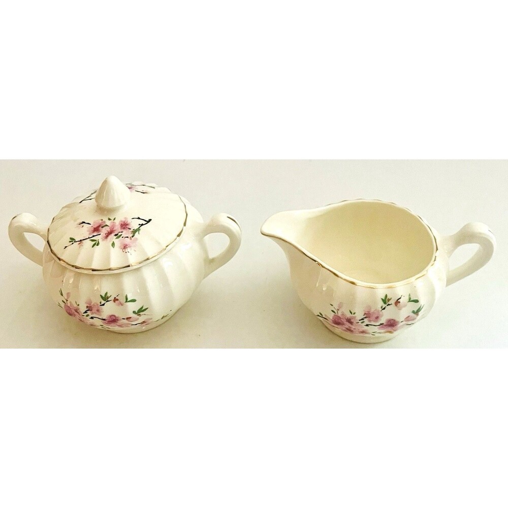 Vintage  Peach Blossom W.S. George creamer and sugar bowl set 22K Gold Accents